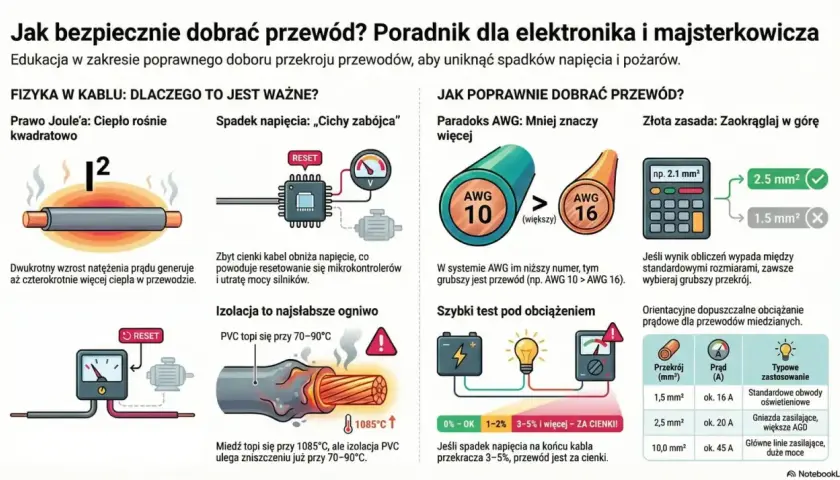 Ilustracja pokazuje przekrój przewodu elektrycznego z widoczną metalową częścią, która nagrzewa się pod wpływem prądu.