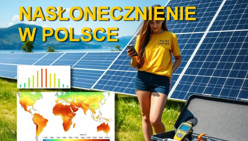 Kobieta w żółtej koszulce z napisem "Polska Energia" stoi obok paneli słonecznych. Na ekranie telefonu widnieje napis "Nasłonecznienie w Polsce". Obok mapy świata pokazującej nasłonecznienie.