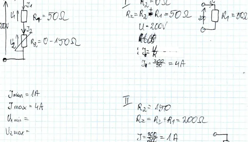 Obwód z rezystorami R1=50Ω i R2=0-150Ω. Obliczenia prądu i napięcia, wzór na spadek napięcia.