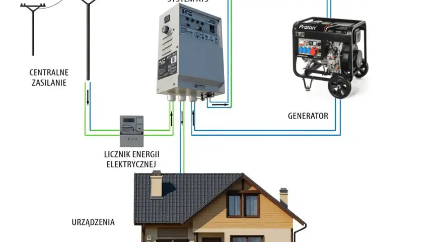 Schemat przyłącza elektrycznego domu jednorodzinnego: centralne zasilanie, licznik energii, system ATS i generator.
