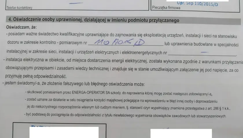 Wniosek o przyłącze energetyczne PGE wzór: oświadczenie osoby uprawnionej o posiadaniu kwalifikacji i zgodności instalacji z przepisami.