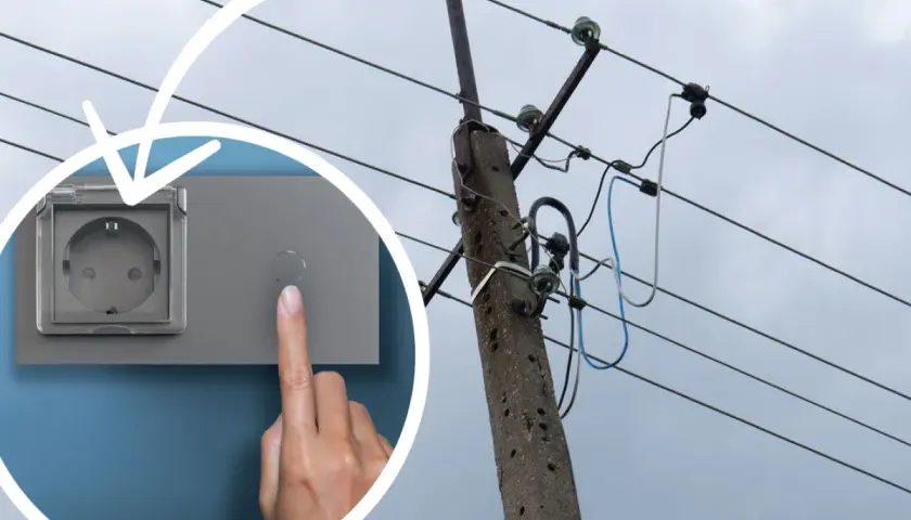 Zastanawiasz się, ile metrów przewodu elektrycznego na dom potrzeba? Obrazek pokazuje gniazdko i linię energetyczną, sugerując potrzebę planowania instalacji.
