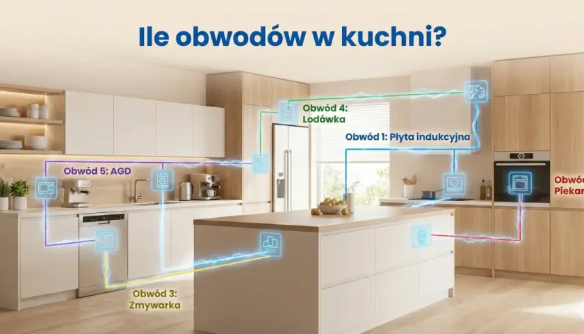 Ilustracja pokazuje nowoczesną kuchnię z zaznaczonymi obwodami elektrycznymi dla płyty indukcyjnej, piekarnika, zmywarki, lodówki i AGD.