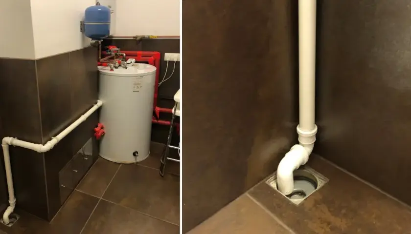 Instalacja CO z bojlerem i zbiornikiem przeponowym. Biała rura odpływowa z odpływem podłogowym. Spada ciśnienie w instalacji CO?
