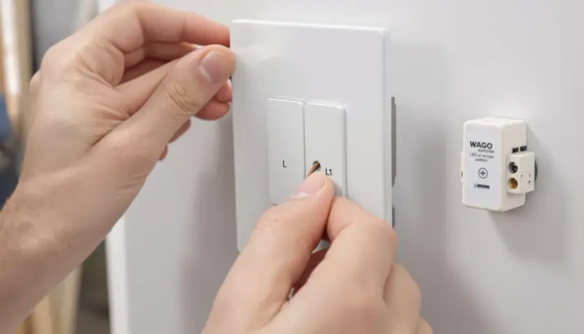 Ręce montują wyłącznik czasowy. Obok widoczny adapter WAGO.