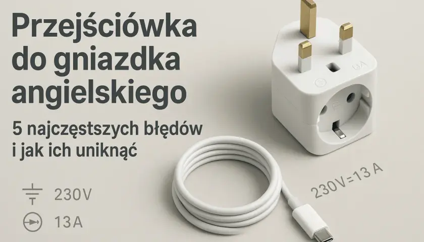Adapter do angielskiego gniazdka. Biały adapter z trzema bolcami i gniazdem, biały kabel USB-C. 230V, 13A.
