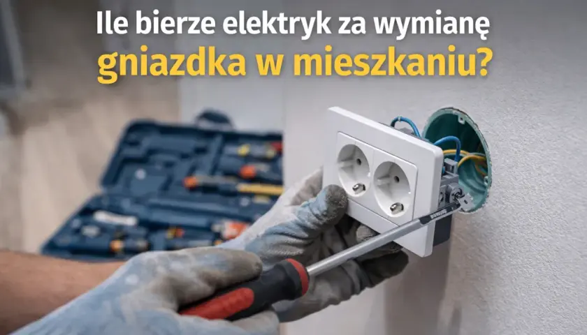 Elektryk w rękawicach dokonuje wymiany gniazdka, używając śrubokręta. W tle widoczna skrzynka z narzędziami.