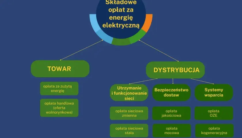 Schemat pokazuje, ile się płaci za prąd miesięcznie: opłaty za towar (energię) i dystrybucję (utrzymanie sieci, bezpieczeństwo, wsparcie).