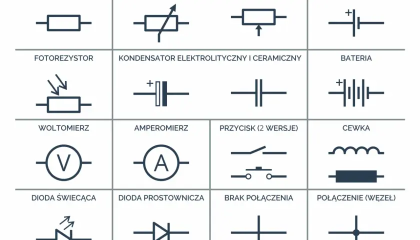 Tabela z podstawowymi symbole elektryczne: rezystor, potencjometr, ogniwo, fotorezystor, kondensator, bateria, woltomierz, amperomierz, przycisk, cewka, dioda świecąca, dioda prostownicza, brak połączenia, połączenie (węzeł).