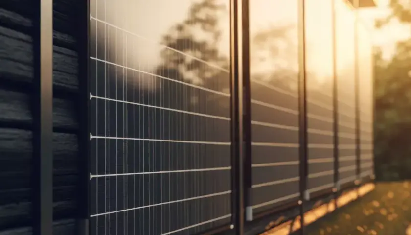 Nowoczesny płot z paneli fotowoltaicznych odbija ciepłe światło zachodzącego słońca, tworząc zieloną energię.