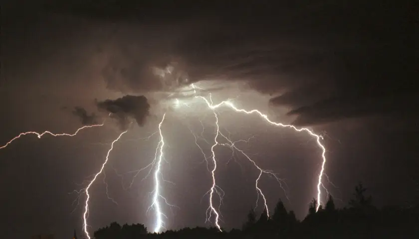 Potężne wyładowania elektryczne rozświetlają nocne niebo, ukazując, ile volt ma piorun. Burza nad horyzontem z drzewami w ciemnej sylwetce.