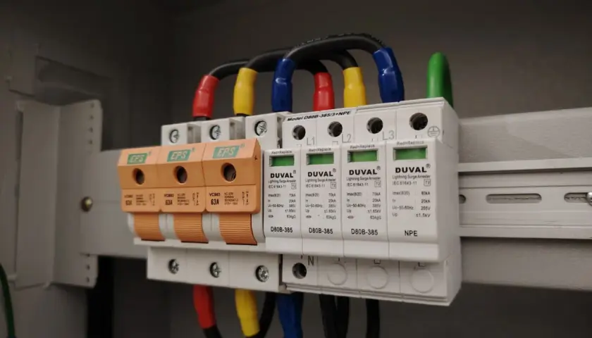 Ograniczniki przepięć w domu jednorodzinnym chronią instalację elektryczną. Widoczne są bezpieczniki i moduły ochronne.