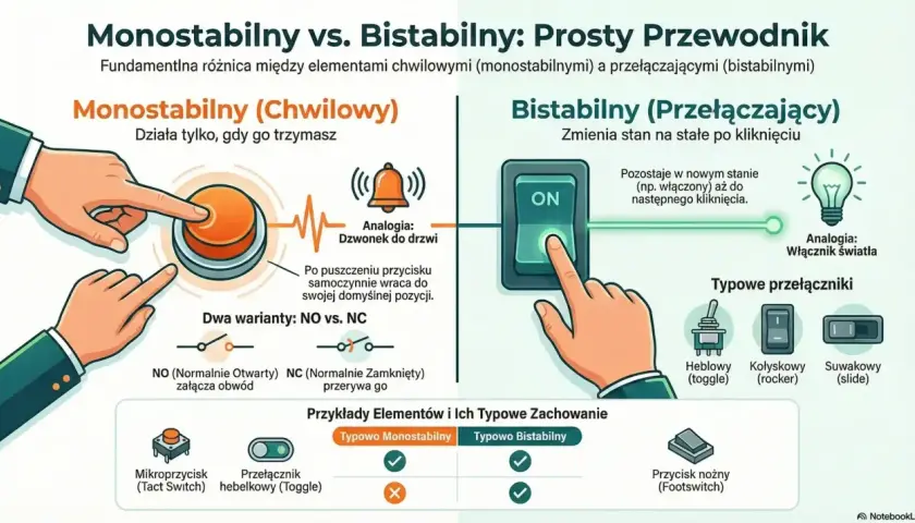 Wyłącznik zwierny zasada działania: monostabilny działa chwilowo (dzwonek), bistabilny zmienia stan na stałe (światło).