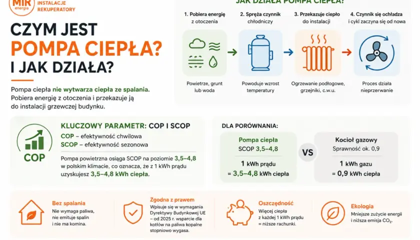 Pompa ciepła pionowa pobiera energię z otoczenia, spręża czynnik i przekazuje ciepło do ogrzewania. Jest ekologiczna i oszczędna.