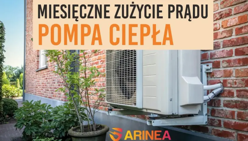 Pompa ciepła zamontowana na ścianie z cegły. Napis informuje o miesięcznym zużyciu prądu.