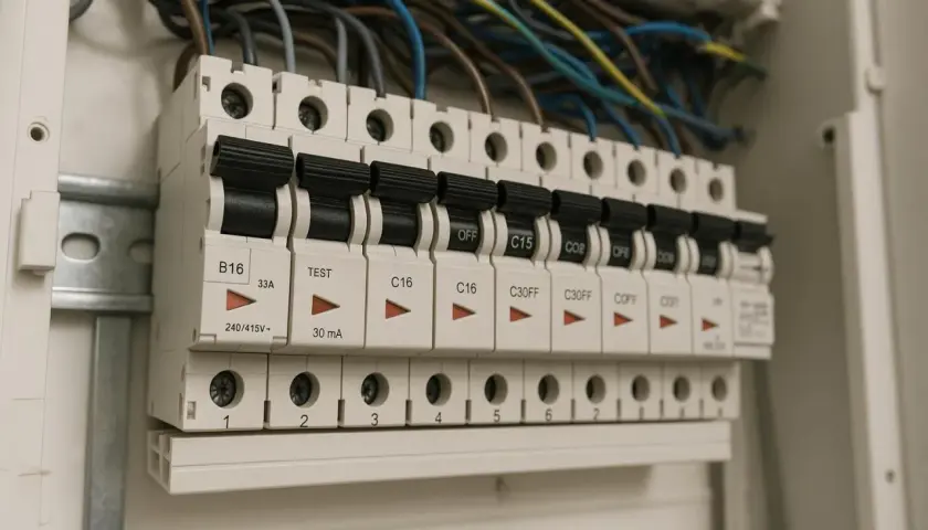 Szukasz informacji, jaki bezpiecznik do siły? Na zdjęciu widać rozdzielnicę elektryczną z bezpiecznikami o różnej wartości prądowej, np. B16, C16, C30FF.