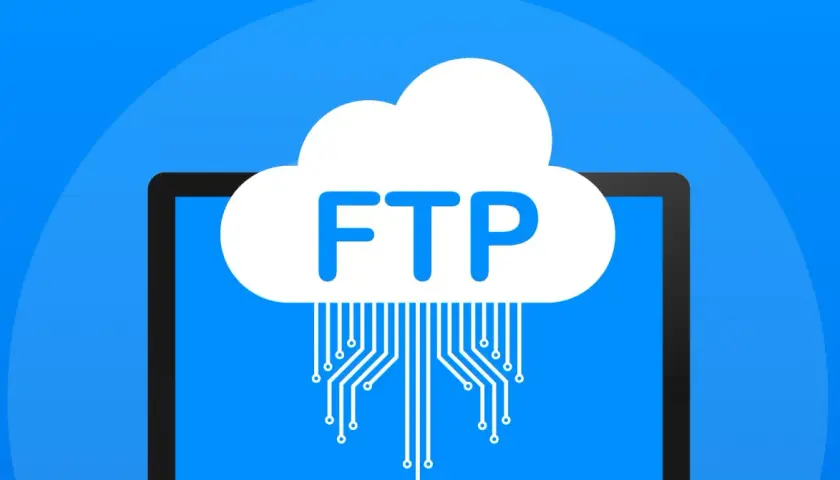 Chmura z napisem FTP i schematem połączeń, symbolizująca transfer plików.