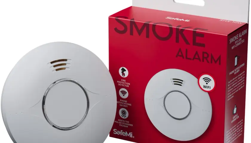 Nowoczesny czujnik dymu wifi SafeMi SHS-10W powiadamia o zagrożeniu na telefon.
