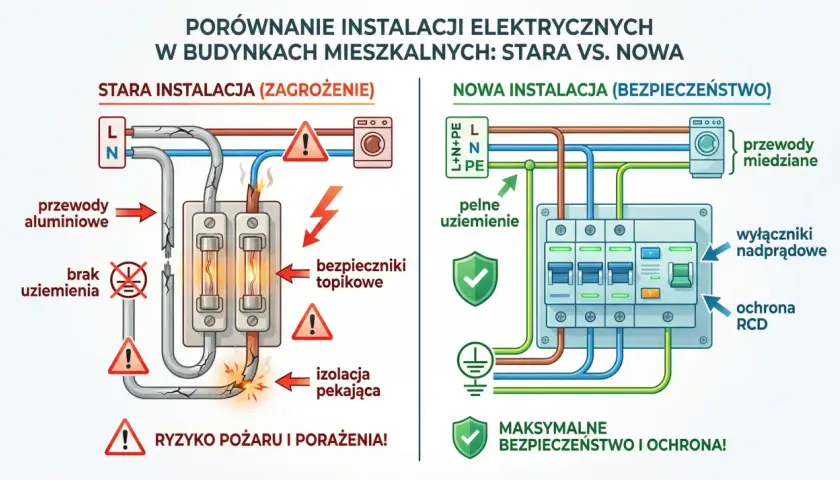 Porównanie starej i nowej instalacji elektrycznej. Stara instalacja z przewodami aluminiowymi i brakiem uziemienia grozi pożarem. Nowa instalacja z miedzianymi przewodami i pełnym uziemieniem zapewnia bezpieczeństwo.