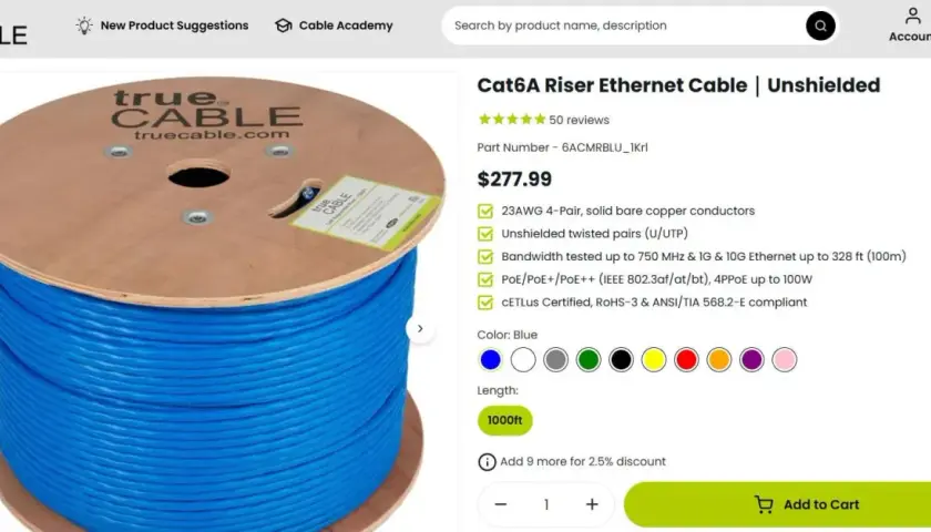 Błękitny kabel Ethernet Cat6A na szpulce. Długość 1000ft. Czy długość kabla Ethernet ma znaczenie? Tak, ten kabel zapewnia wydajność do 100m.
