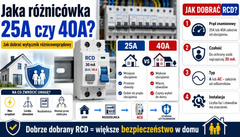 Porównanie wyłączników RCD 25A i 40A. Wybór zależy od obciążenia, liczby obwodów i instalacji. Falownik wybija różnicówkę, gdy jest źle dobrana.