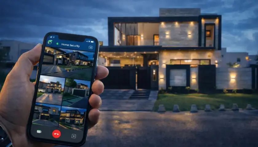 Dłoń trzyma smartfon z widokiem z kamer systemu "Home Security", prezentującym nowoczesny dom. Prosty monitoring domu w zasięgu ręki.