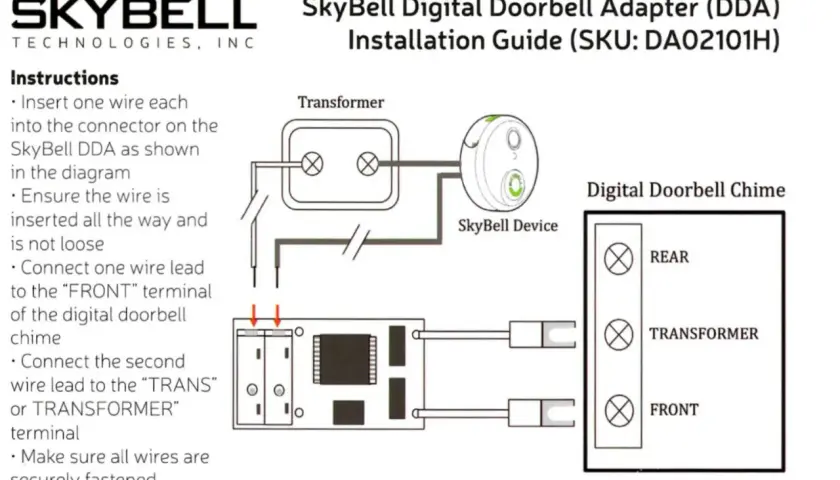 Schemat instalacji SkyBell DDA pokazuje, jak podłączyć urządzenie do transformatora i cyfrowego dzwonka do drzwi, aby uzyskać głośny dzwonek do drzwi.