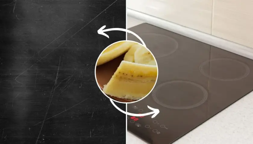 Zniszczona płyta indukcyjna obok czystej, z bananem w środku. Skuteczna ochrona płyty indukcyjnej.