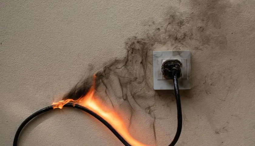 Płonący kabel elektryczny podłączony do gniazdka, z dymem unoszącym się na ścianie. Pamiętaj, jak zabezpieczyć przewody elektryczne przed wodą, by uniknąć pożaru.