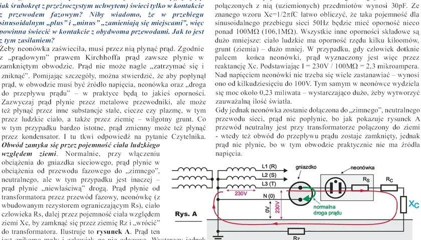 Schemat obwodu z neonówką i gniazdkiem. Pokazuje przepływ prądu przez ciało ludzkie, gdy dotknie się neonówki, tworząc ścieżkę z napięciem przewodowym.