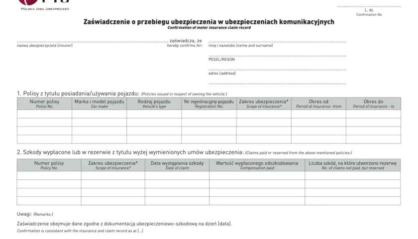 Zaświadczenie o przebiegu ubezpieczenia komunikacyjnego. Dokument zawiera dane polis, szkód i rezerw, niezbędne do oświadczenia elektryka do ubezpieczenia.