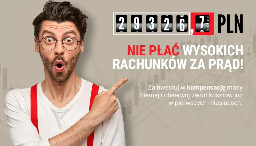 Zaskoczony mężczyzna wskazuje na licznik pokazujący wysokie rachunki za prąd. Optymalizacja współczynnika przesunięcia fazowego to klucz do oszczędności.