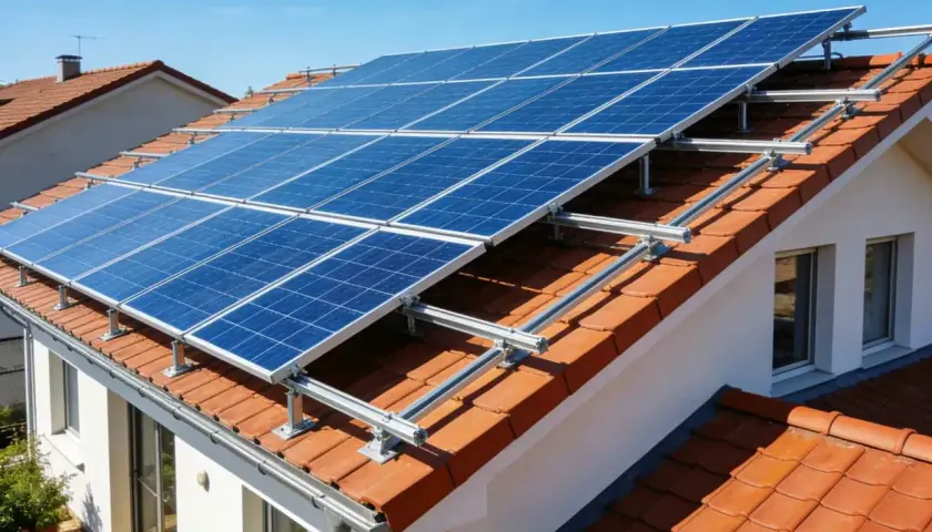 Panele fotowoltaiczne na dachu domu, zapewniające niezależność energetyczną. Fotowoltaika bez podłączenia do sieci to przyszłość.