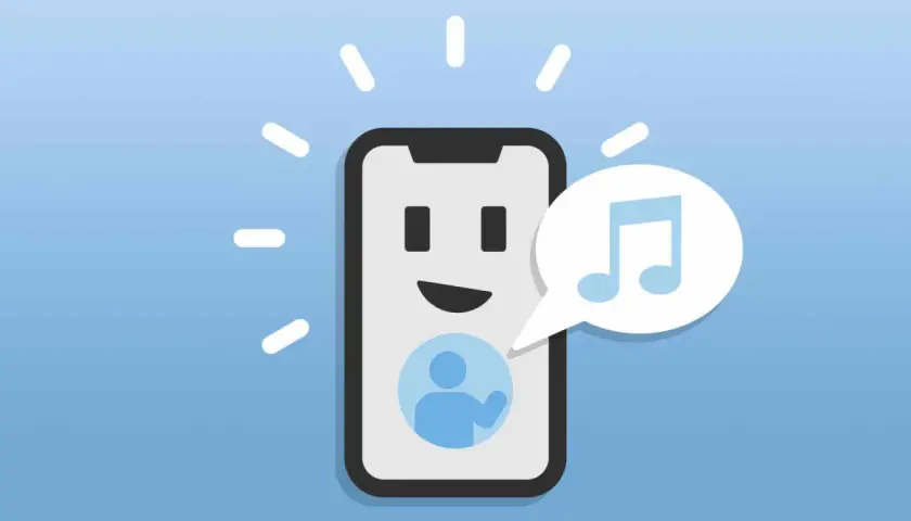 Dzwonek do drzwi z powiadomieniem na telefon. Ikona muzyki w dymku obok uśmiechniętego ekranu smartfona.