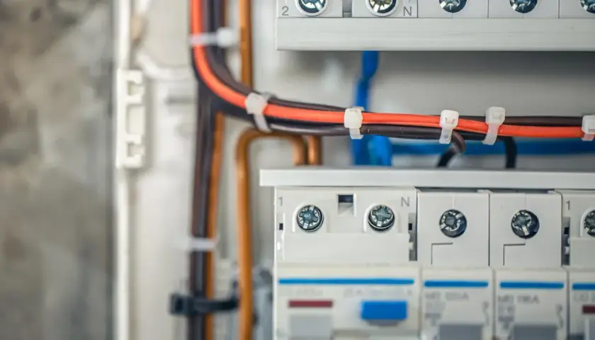 Profesjonalne wykonywanie instalacji elektrycznych: przewody w skrzynce rozdzielczej, bezpieczniki i zaciski.