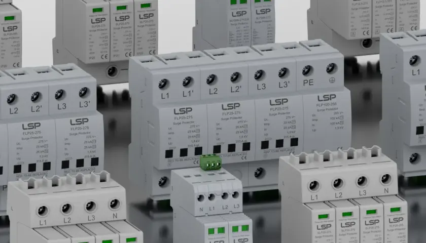 Zabezpieczenie przepięciowe 3 fazowe LSP chroni instalację przed wyładowaniami. Wiele modułów z oznaczeniami L1, L2, L3, N.