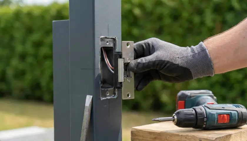 Montaż elektrozaczepu do drzwi. Ręka w rękawicy przykręca element do słupka. Obok wiertarko-wkrętarka.
