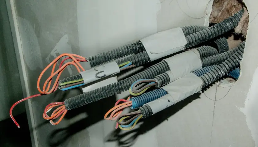 Przewody elektryczne w korytkach, przygotowane do dalszego układania. Widać kolorowe żyły wychodzące z osłon.