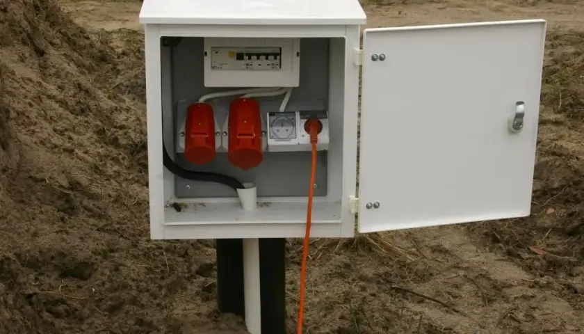 Biała skrzynka z bezpiecznikami i gniazdami, stanowiąca przyłącze elektryczne do domu. Pomarańczowy kabel wychodzi z gniazdka.