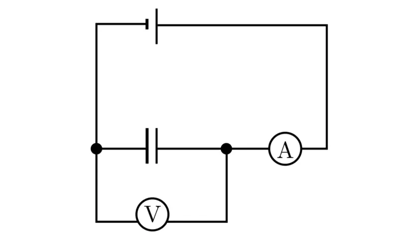 Schemat obwodu elektrycznego z kondensatorem, amperomierzem i woltomierzem. Woltomierz mierzy symbol napięcia na kondensatorze.