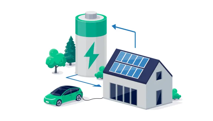 Dom z panelami słonecznymi, zielony samochód elektryczny i duży tauron magazyn energii.