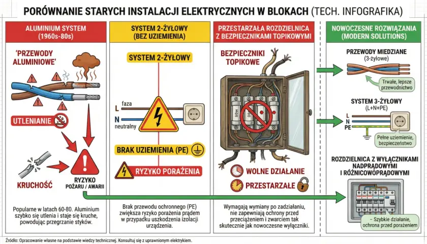 Poradnik elektryka: porównanie starych instalacji aluminiowych z nowymi miedzianymi. Stare przewody aluminiowe są kruche i grożą pożarem.