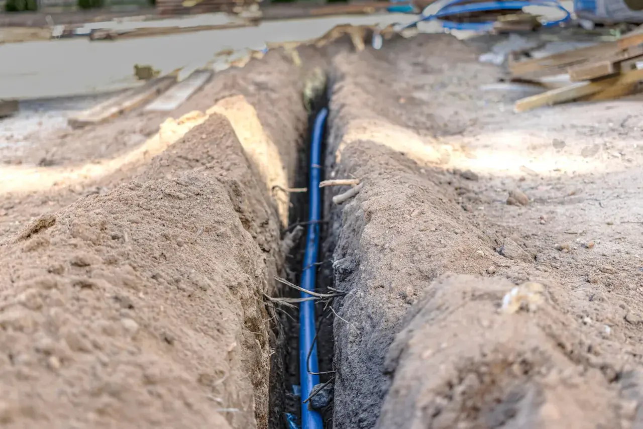 Wykop pod instalację, gdzie widać niebieską rurę. W tle materiały budowlane i ziemia. Prawdopodobnie to poniemieckie kable w ziemi.