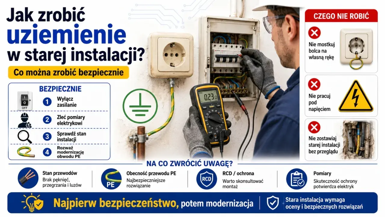Elektryk sprawdza instalację miernikiem, pokazując, jak podłączyć gniazdko w starej instalacji bezpiecznie.