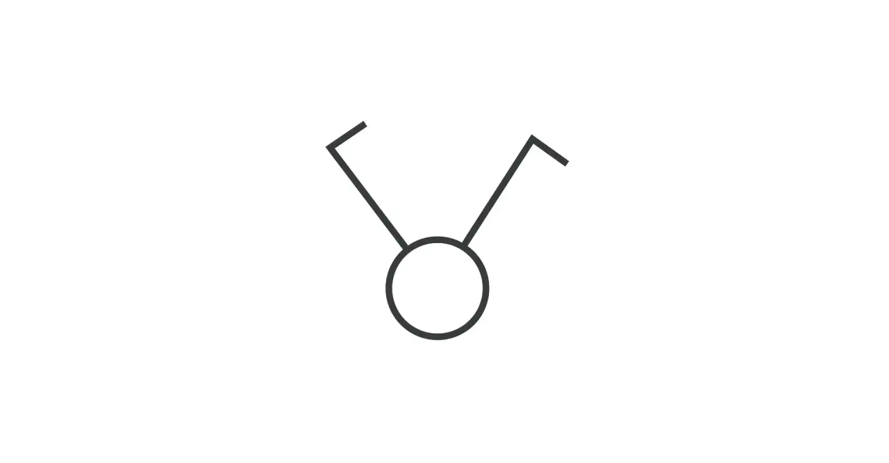 Symbol łącznika krańcowego: okrąg z dwoma ramionami skierowanymi ku górze, zakończonymi krótkimi, pionowymi kreskami.