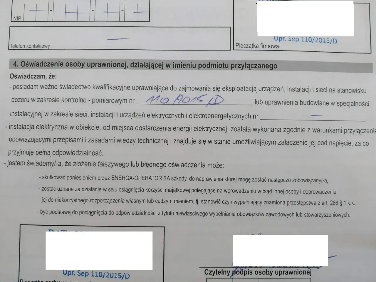 Wniosek o przyłącze energetyczne PGE wzór: oświadczenie osoby uprawnionej o posiadaniu kwalifikacji i zgodności instalacji z przepisami.
