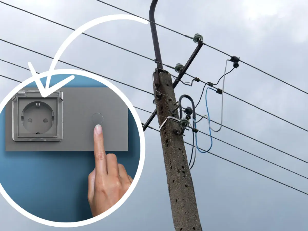 Zastanawiasz się, ile metrów przewodu elektrycznego na dom potrzeba? Obrazek pokazuje gniazdko i linię energetyczną, sugerując potrzebę planowania instalacji.