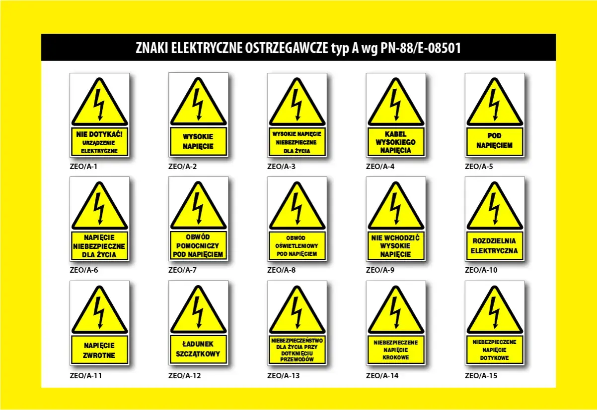 Zestaw piktogramów elektrycznych ostrzegawczych: "Nie dotykać!", "Wysokie napięcie", "Pod napięciem", "Nie wchodzić", "Rozdzielnia elektryczna".