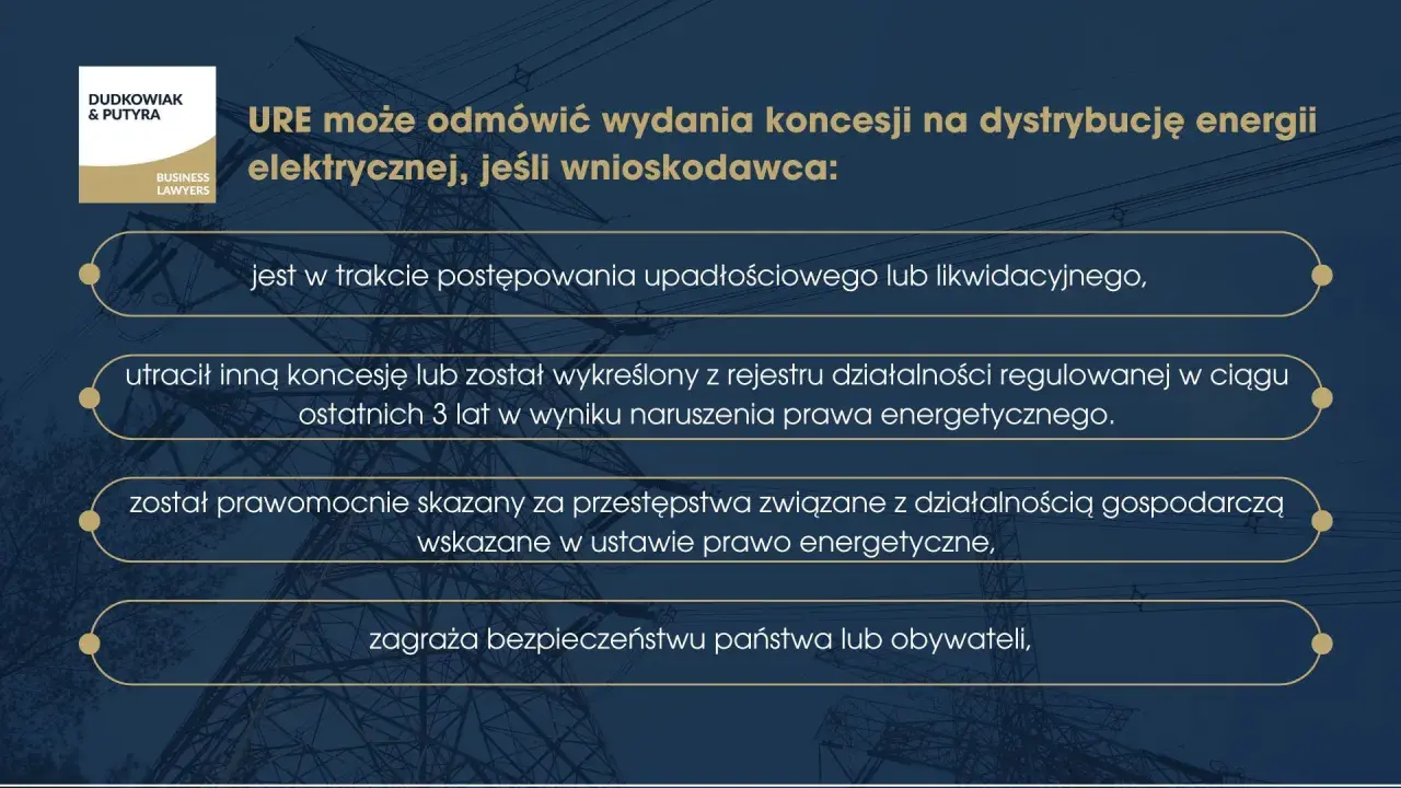URE może odmówić koncesji na sprzedaż energii elektrycznej, gdy wnioskodawca jest w upadłości, stracił koncesję lub zagraża bezpieczeństwu.