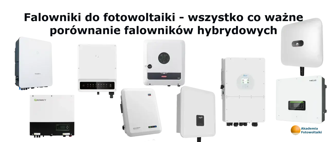 Różne rodzaje falowników do fotowoltaiki, w tym hybrydowe, prezentowane obok siebie.